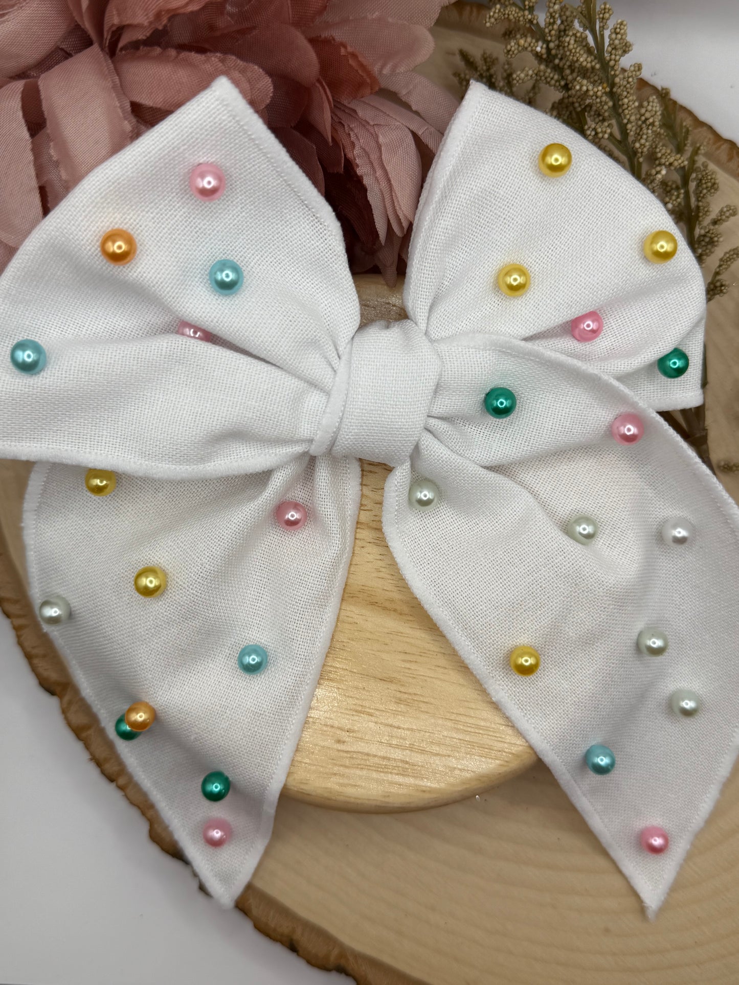Large White Pearl Fabric Bow