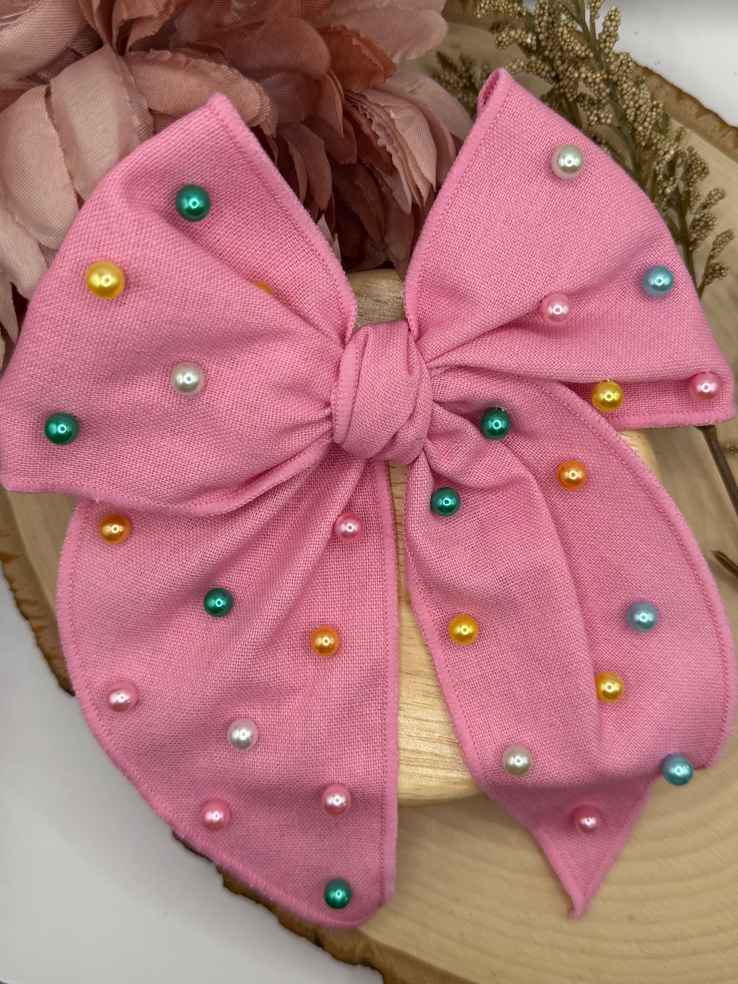 Large Pink Pearl Fabric Bow