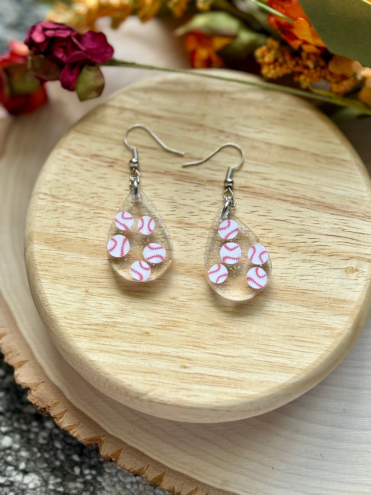 Baseball Mini Resin Teardrop Earrings