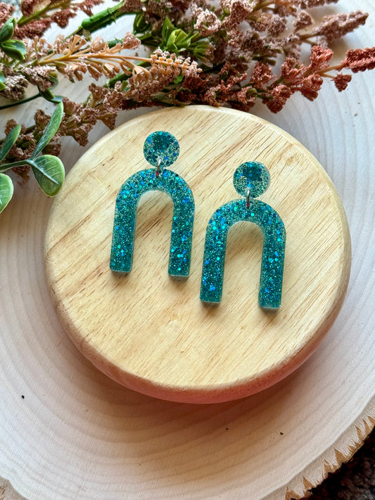 Teal Glitter Resin Rainbow Earrings