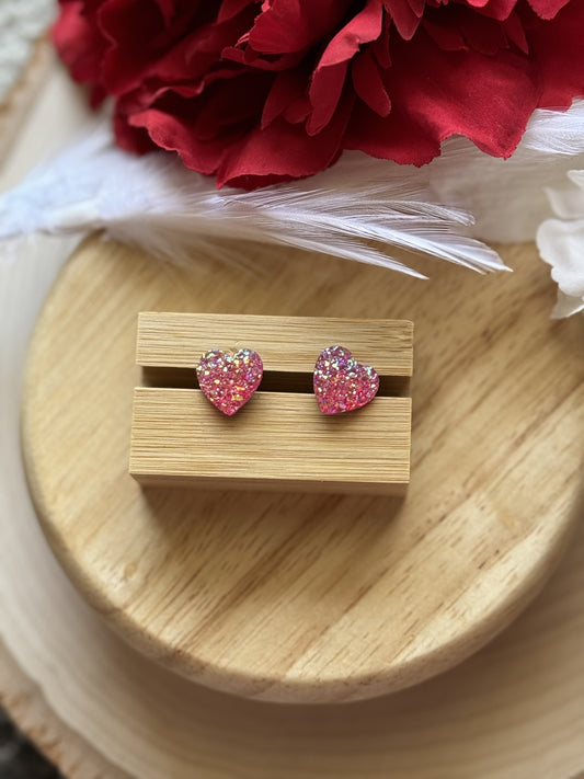 Pink Gem Heart Stud Earrings