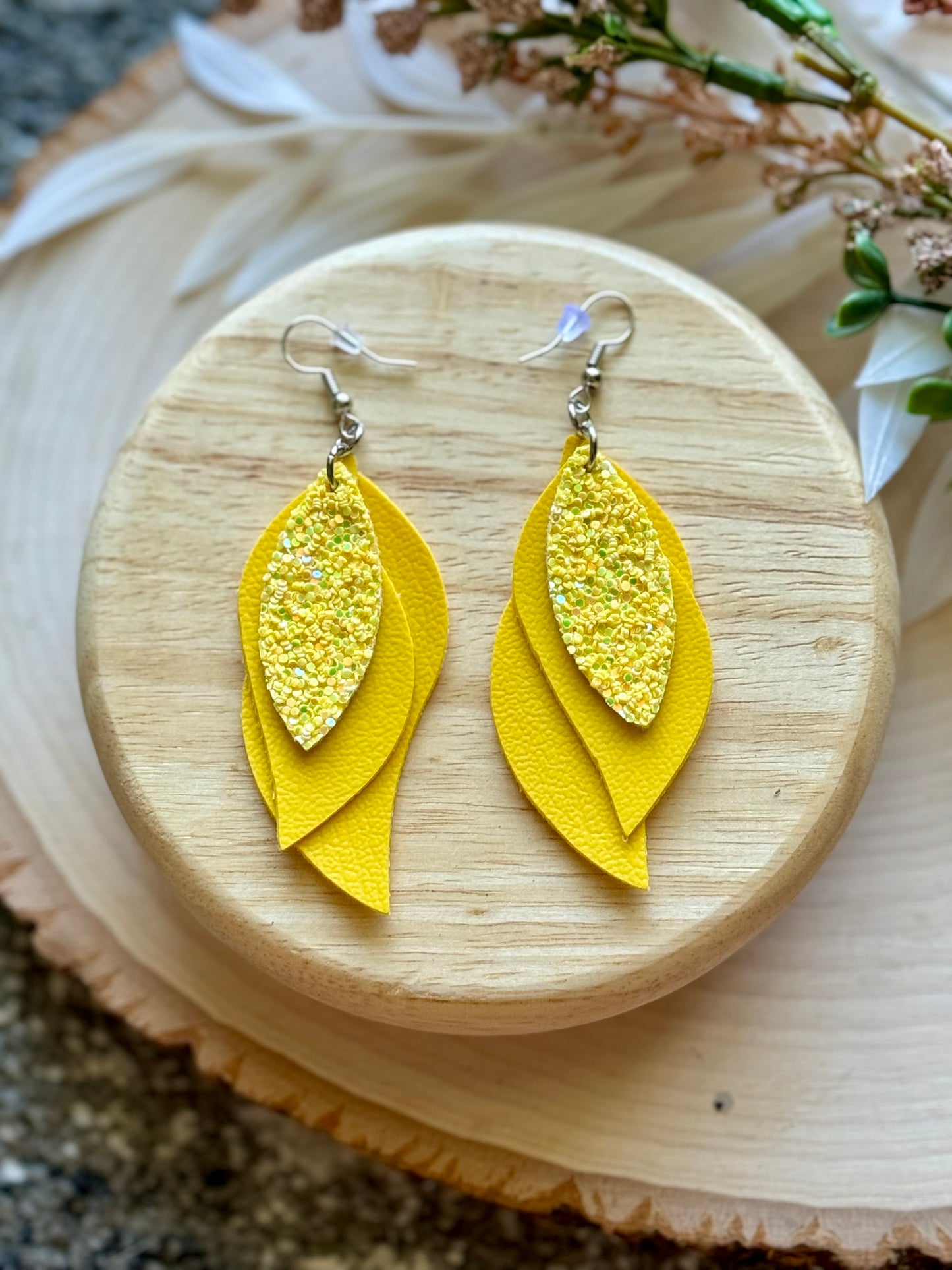 Yellow Glitter Feather Earrings