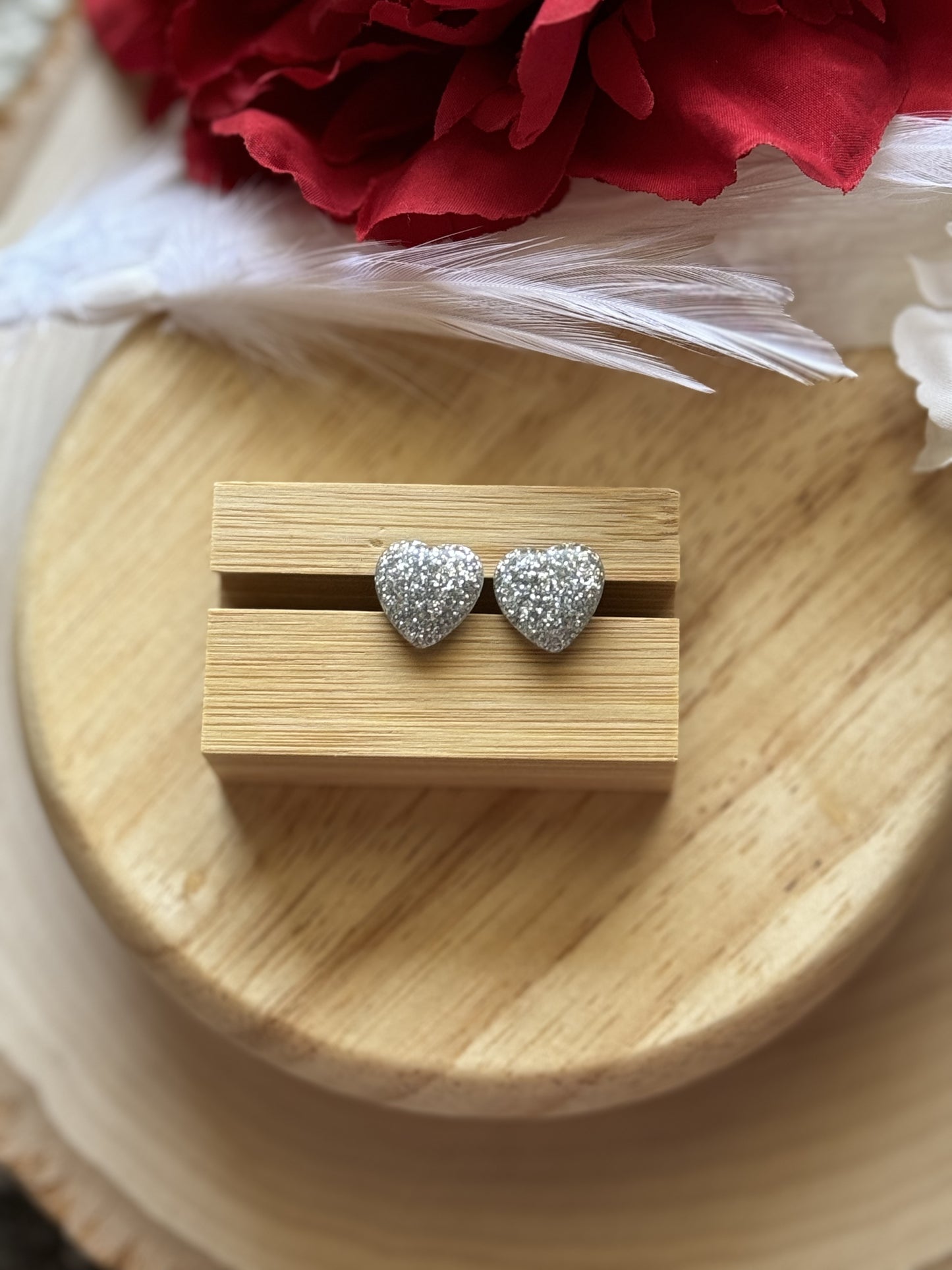 Silver Glitter Heart Stud Earrings