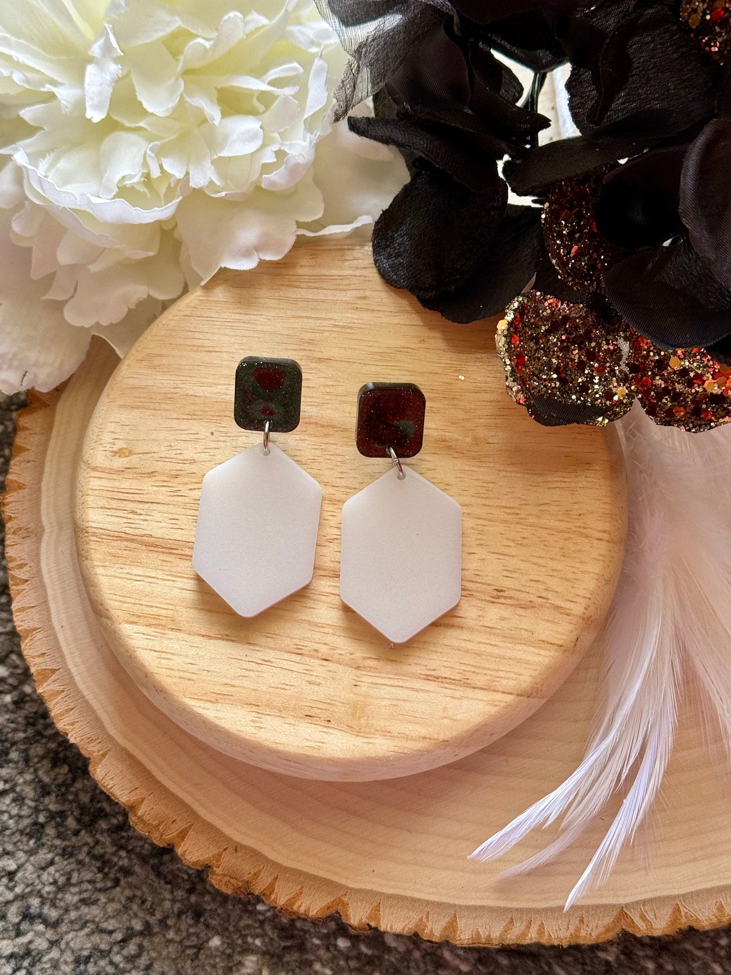 White Hexagon Resin Earrings