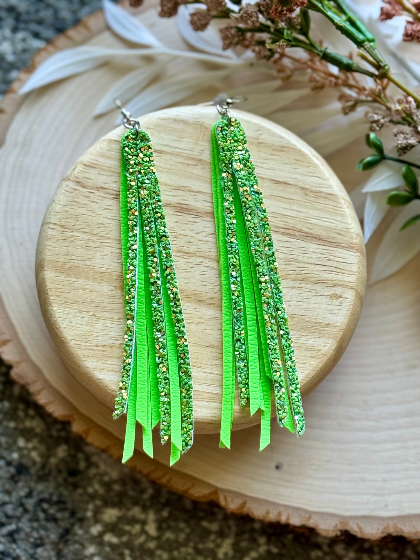 Long Fringe Bright Green Earrings