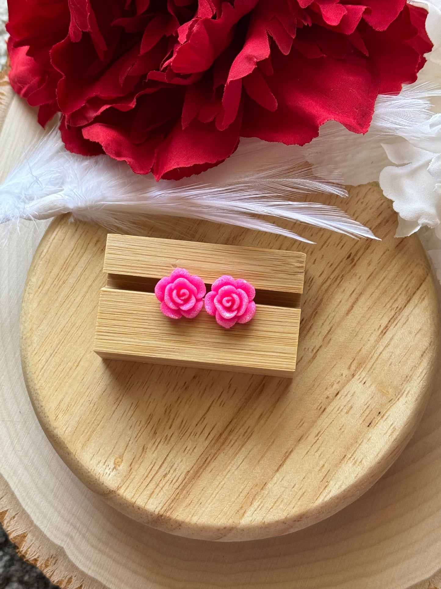 Pink Rose Glitter Stud Earrings