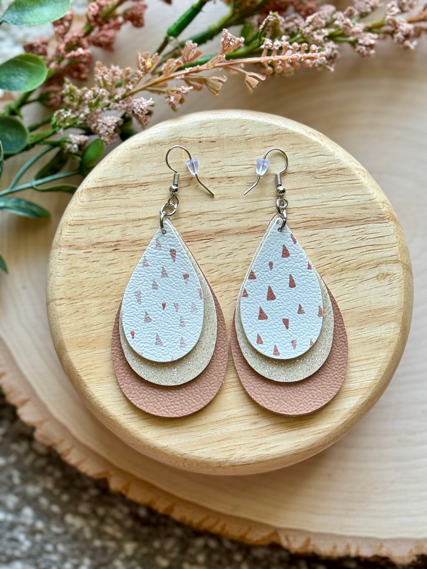 White and Tan Rain Teardrop Earrings