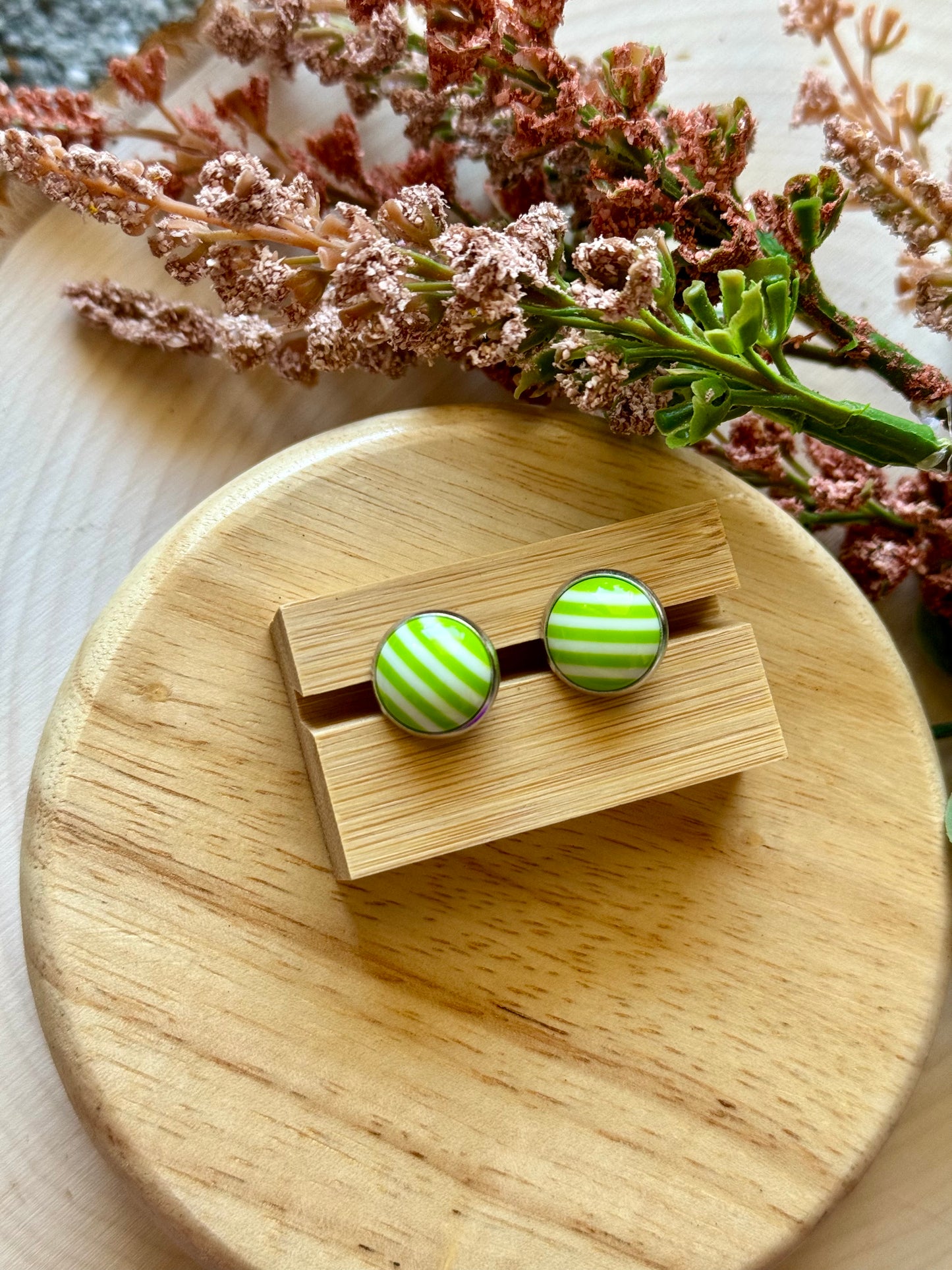 Green Stripe Stud Earrings