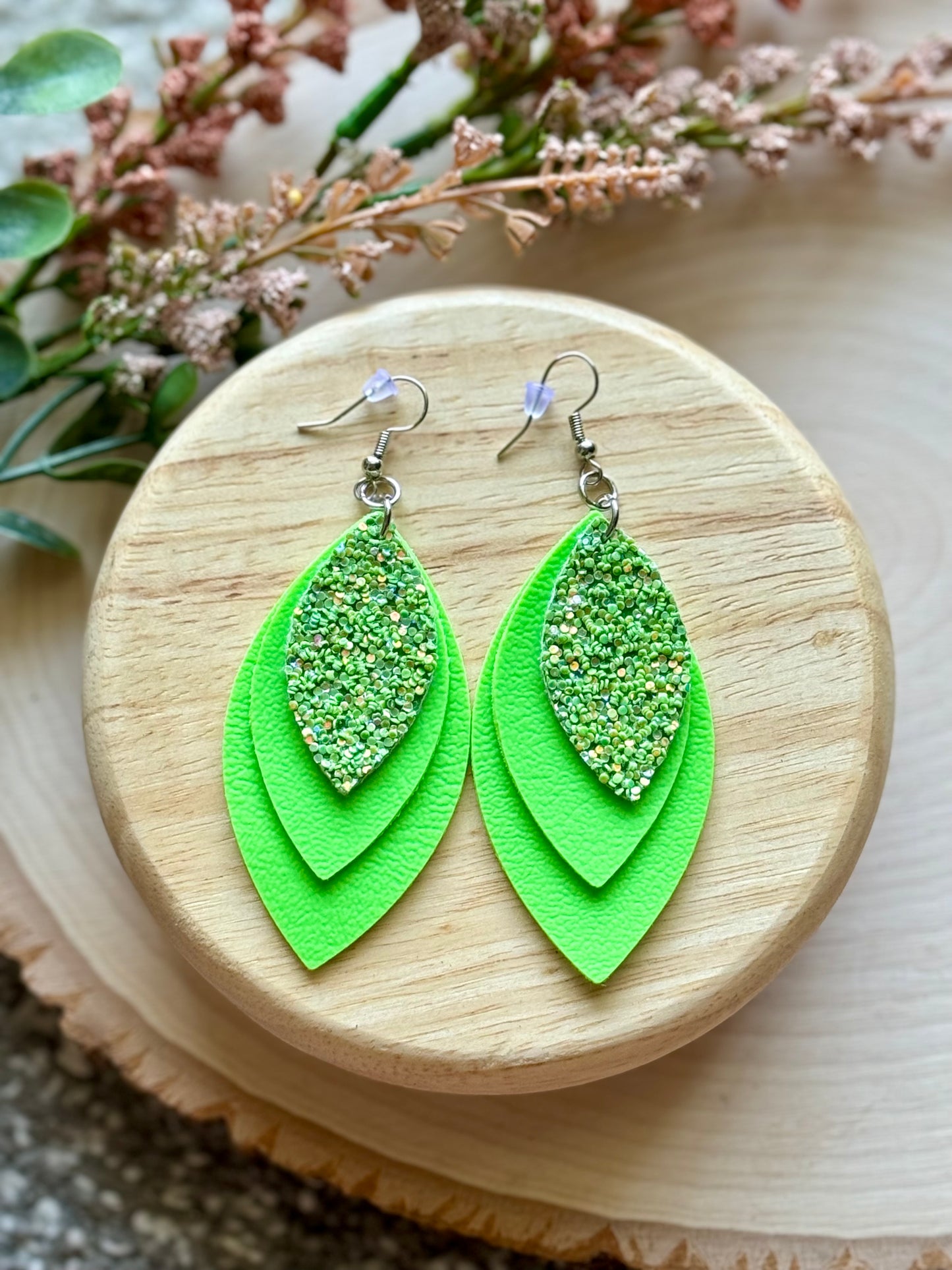 Green Glitter Leaf Earrings