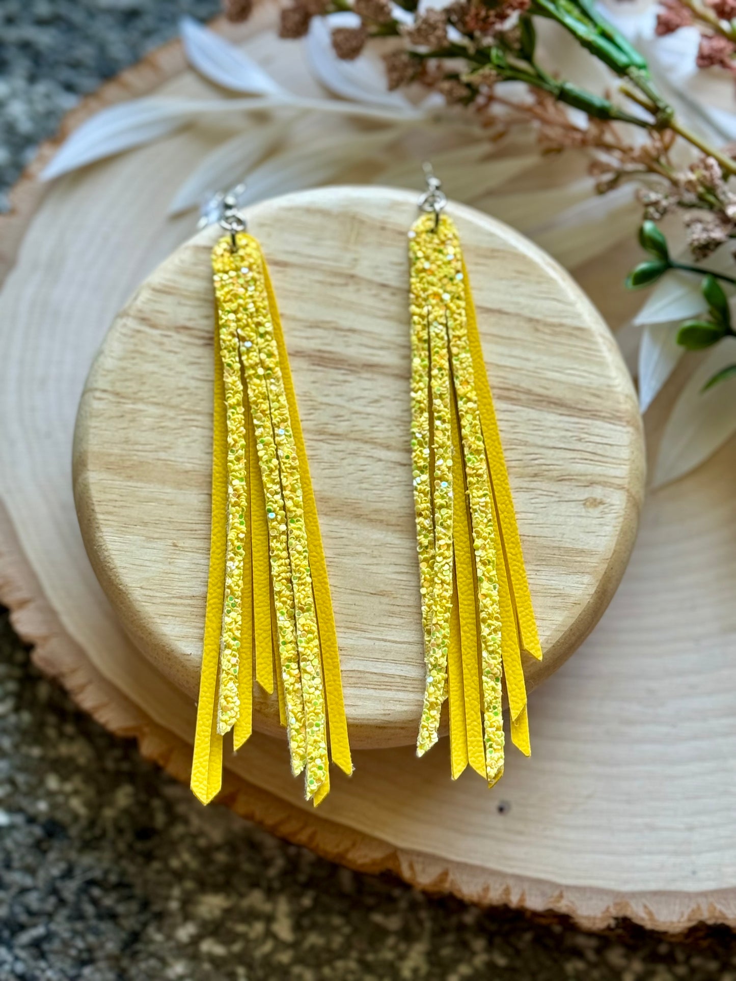 Long Fringe Yellow Glitter Earrings