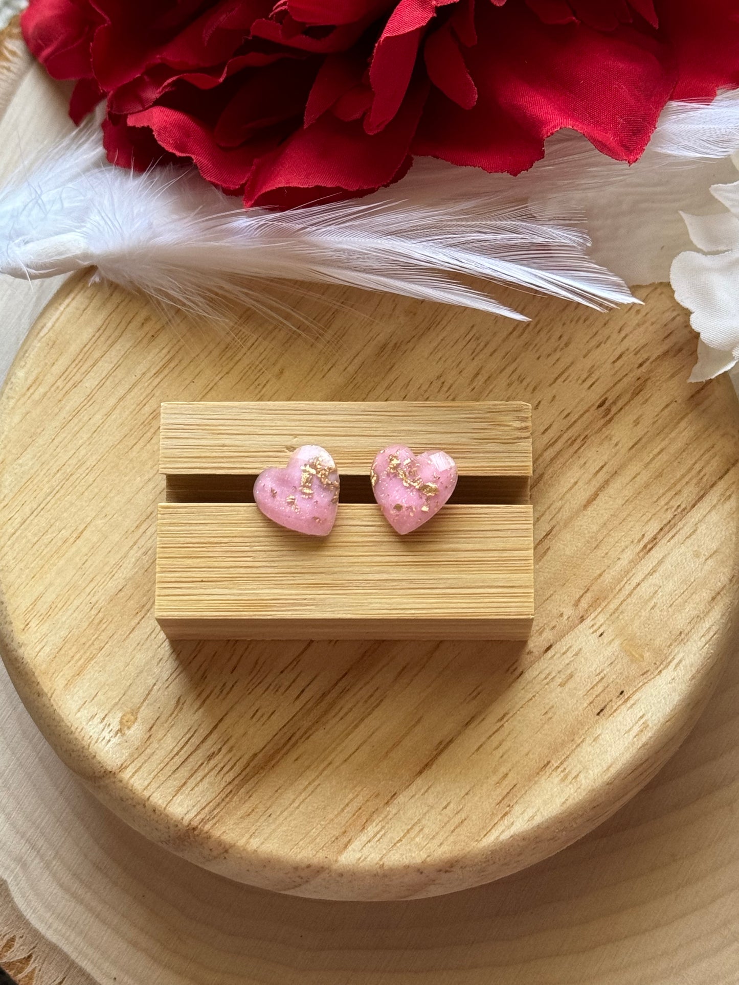 Pink and Gold Heart Stud Earrings