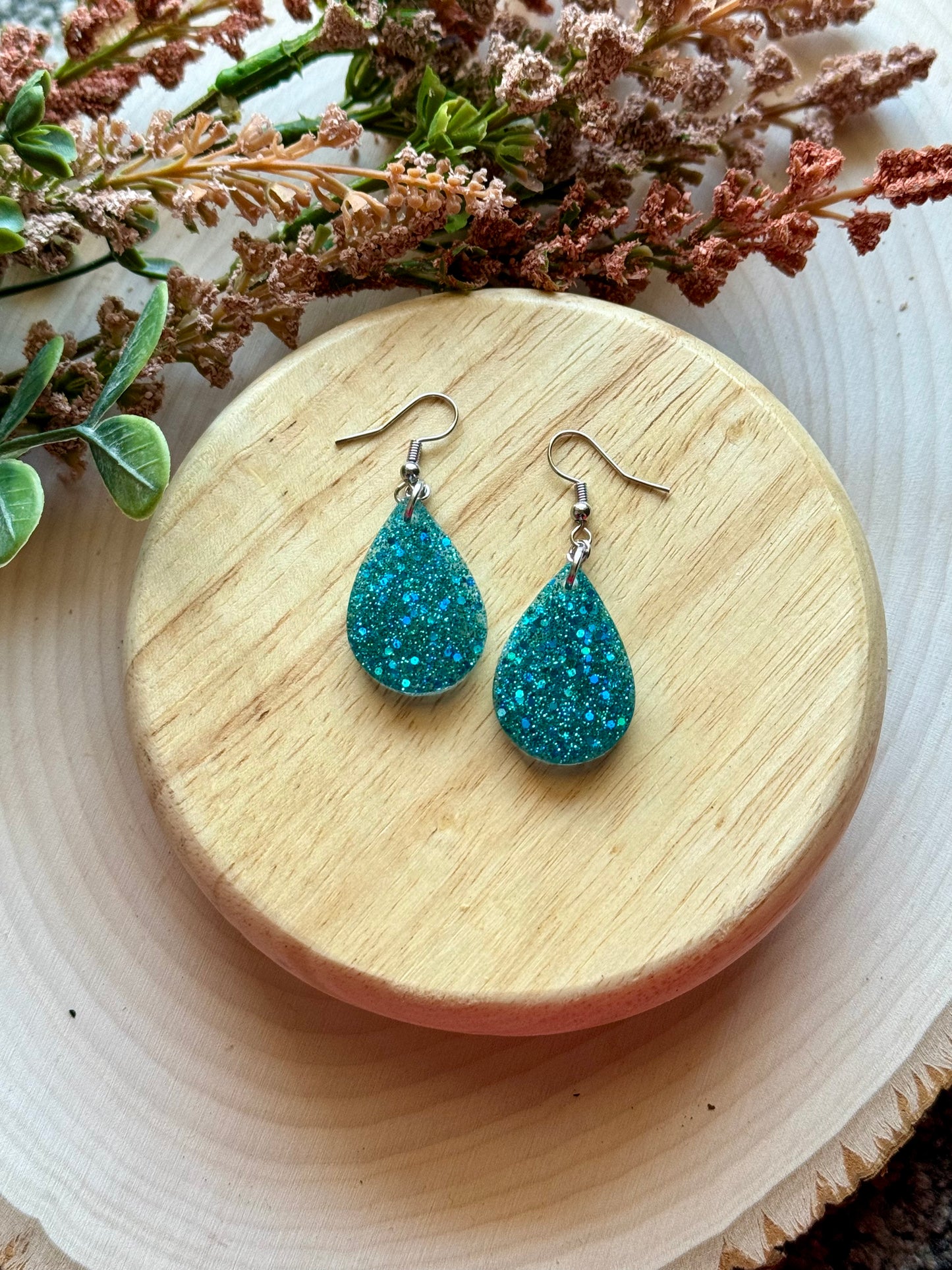 Teal Glitter Mini Teardrop Resin Earrings