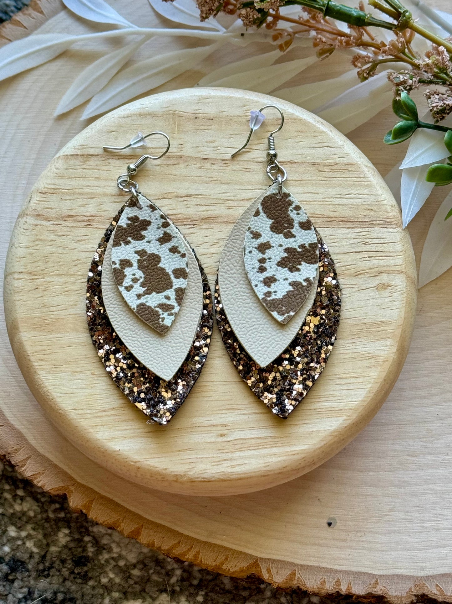 Cow Print Glitter Leaf Earrings