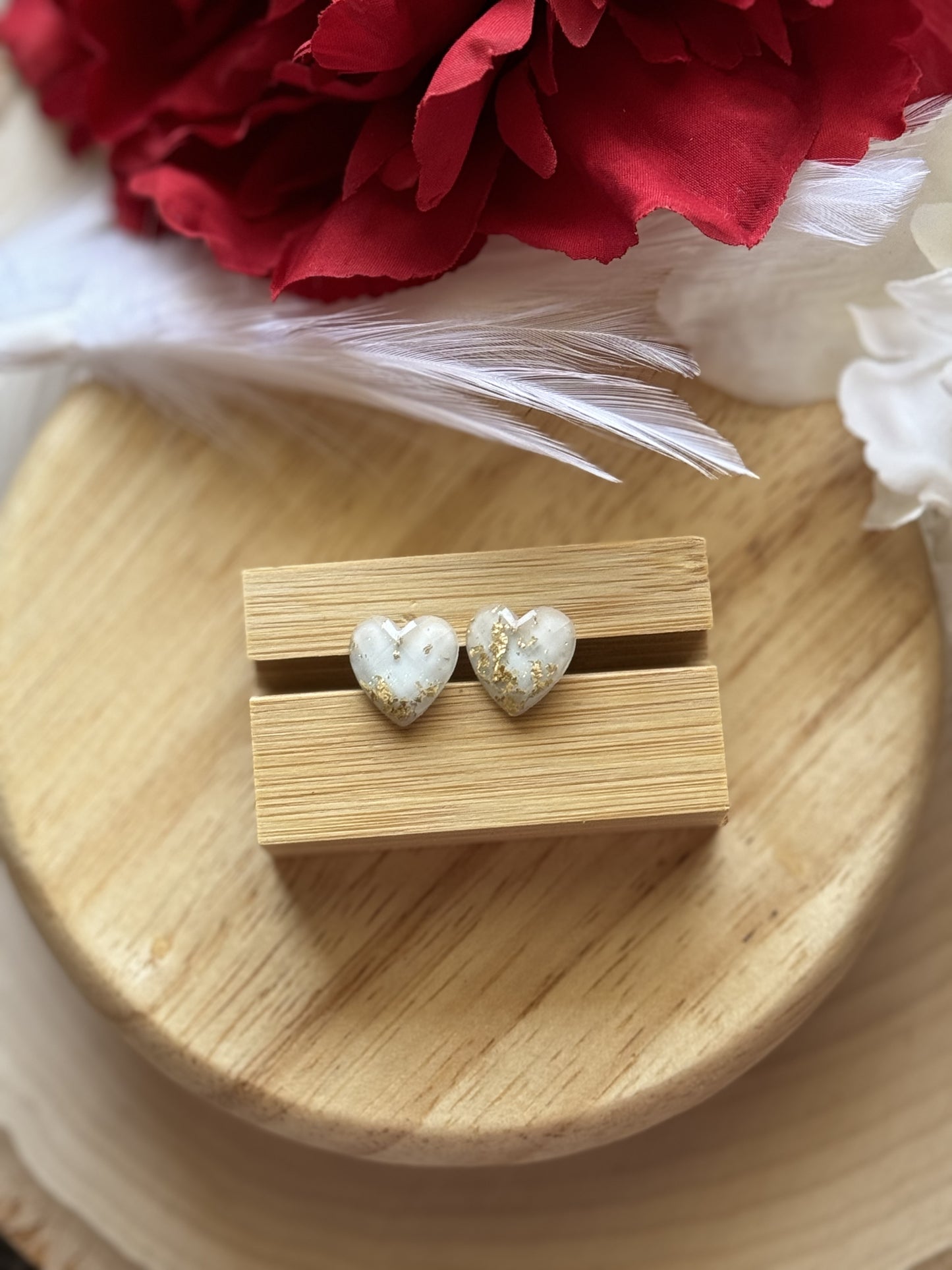 White and Gold Flake Heart Studs