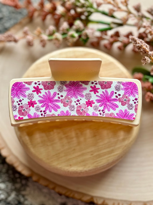 Pink Floral Leather Claw Clip