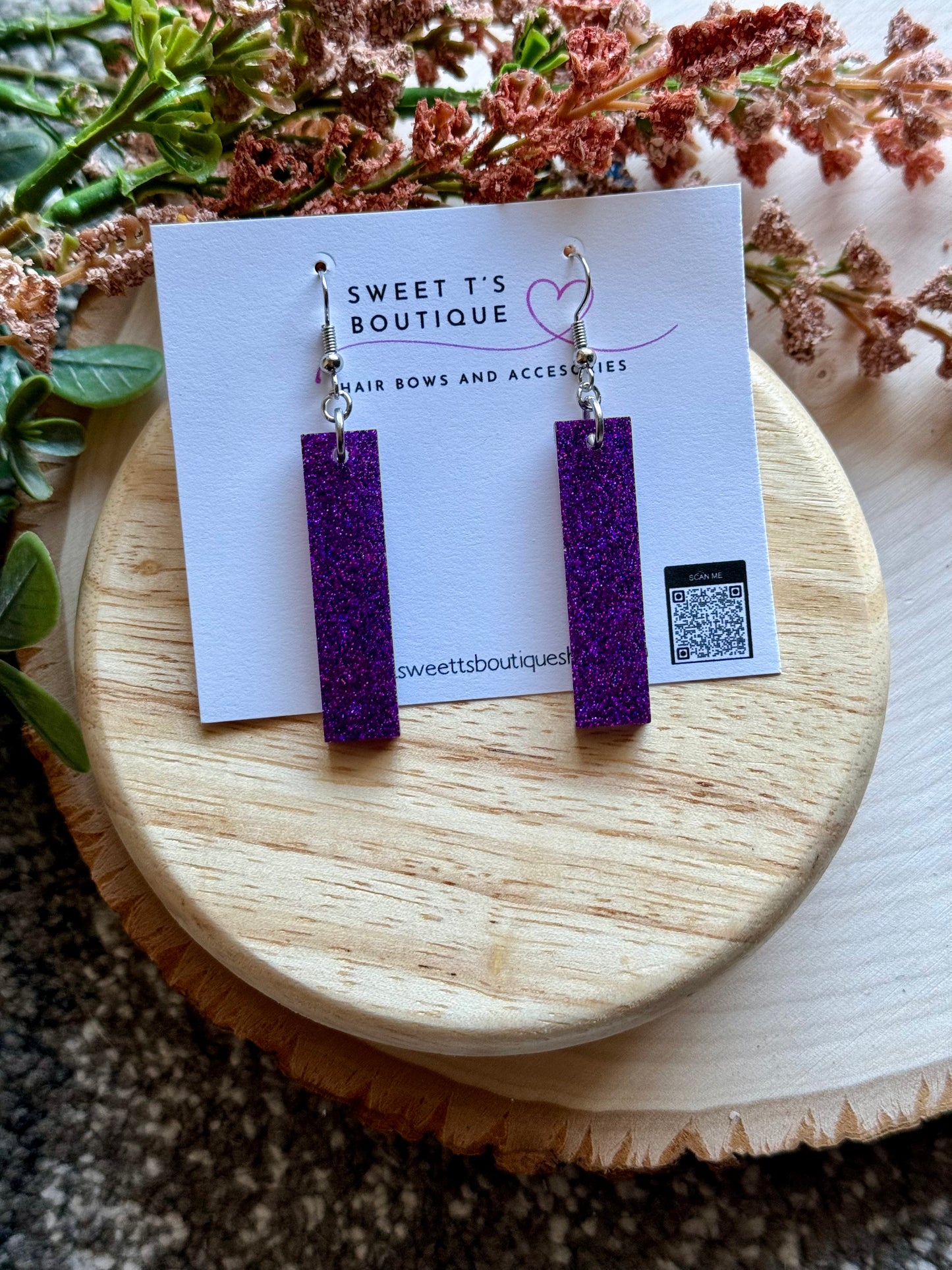 Oopsie Purple Glitter Bar Dangle Earrings