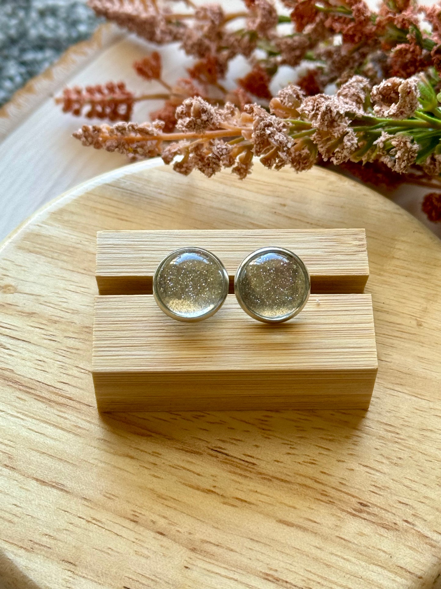 Silver Glass Glitter Stud Earrings