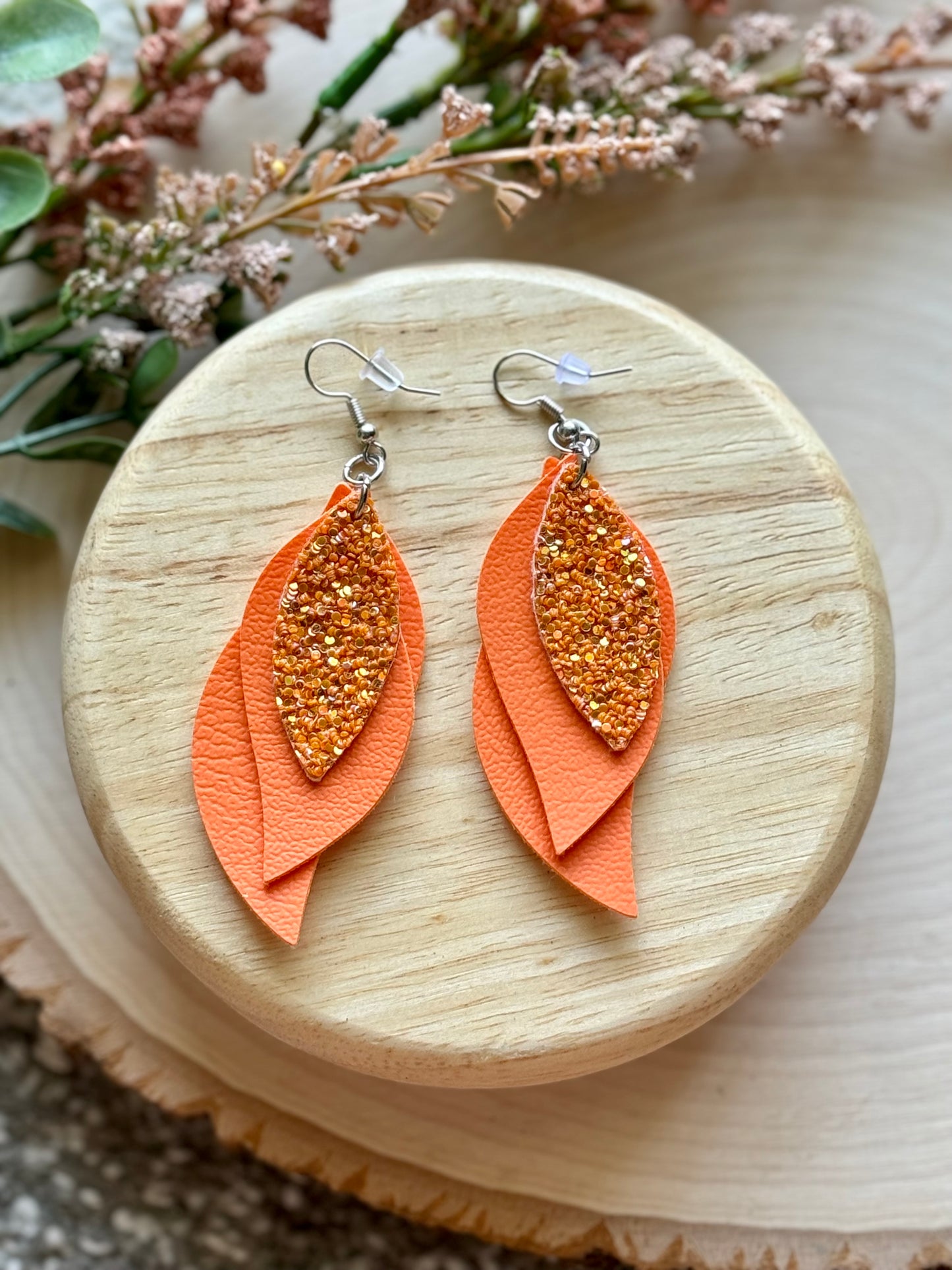 Orange Glitter Feather Earrings