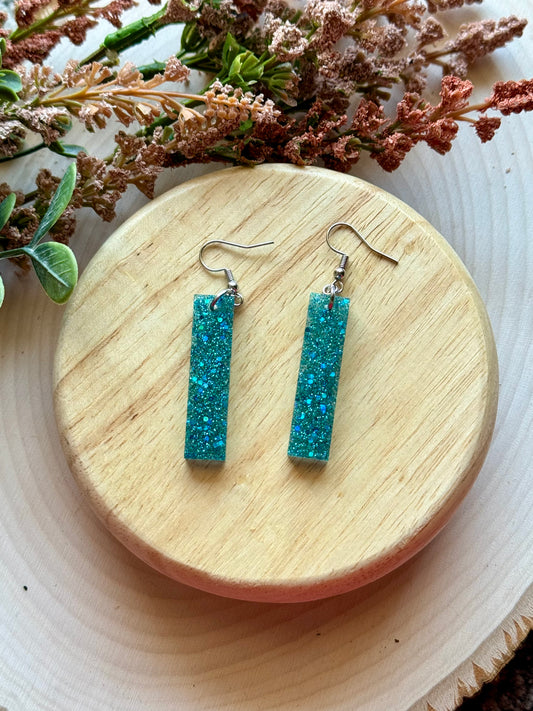 Teal Glitter Bar Dangle Resin Earrings