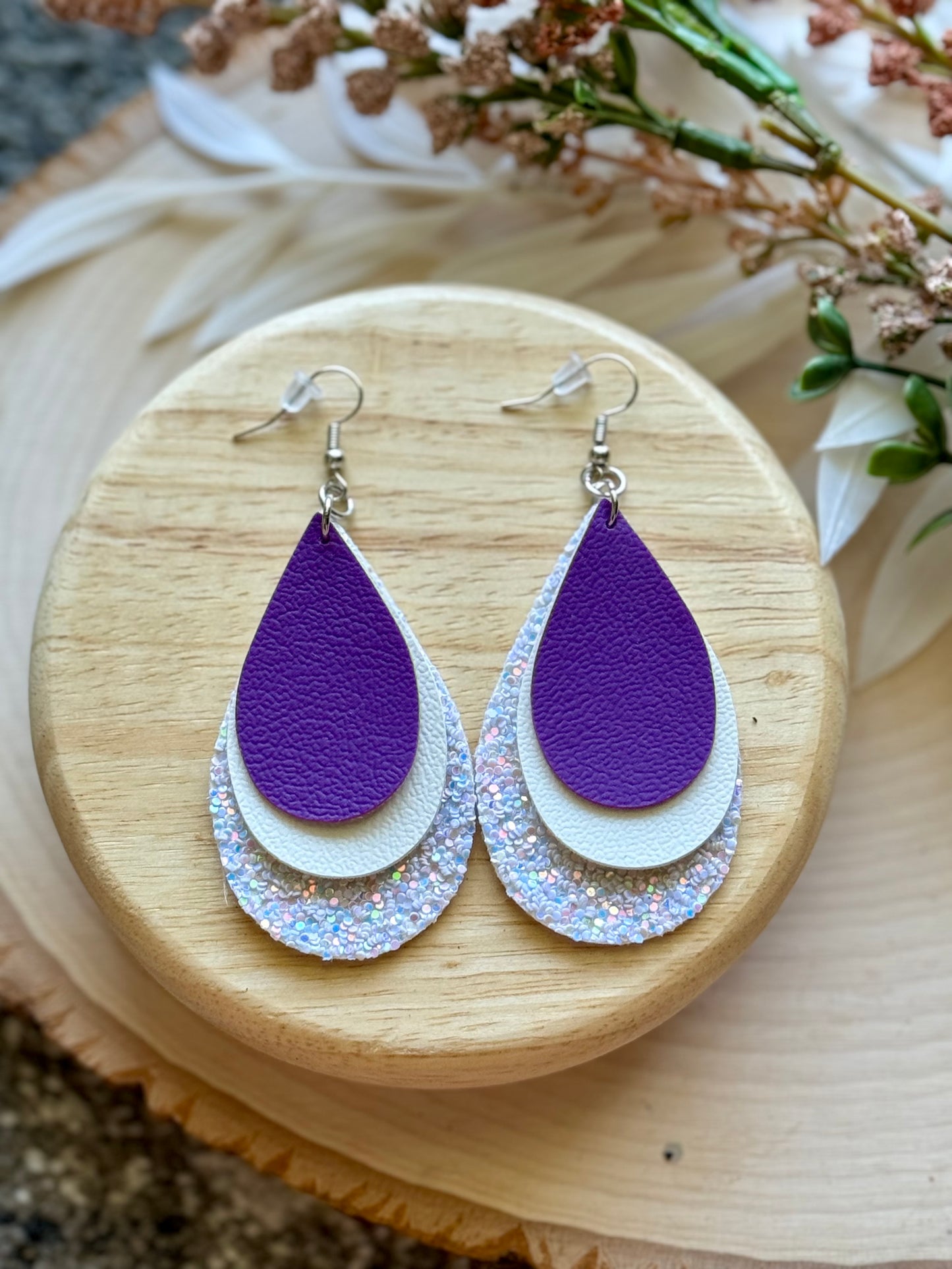 Purple and White Teardrop Earrings