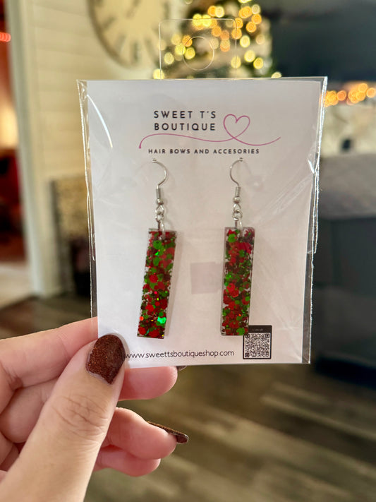 Red Green Resin Bar Dangle Earrings