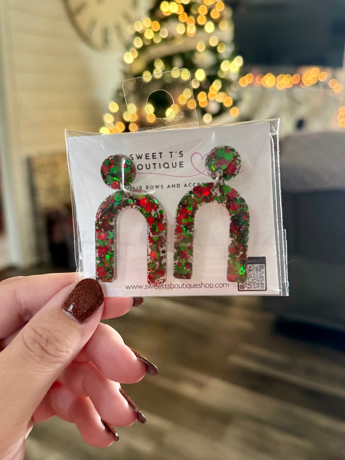 Red Green Glitter Rainbow Resin Earrings