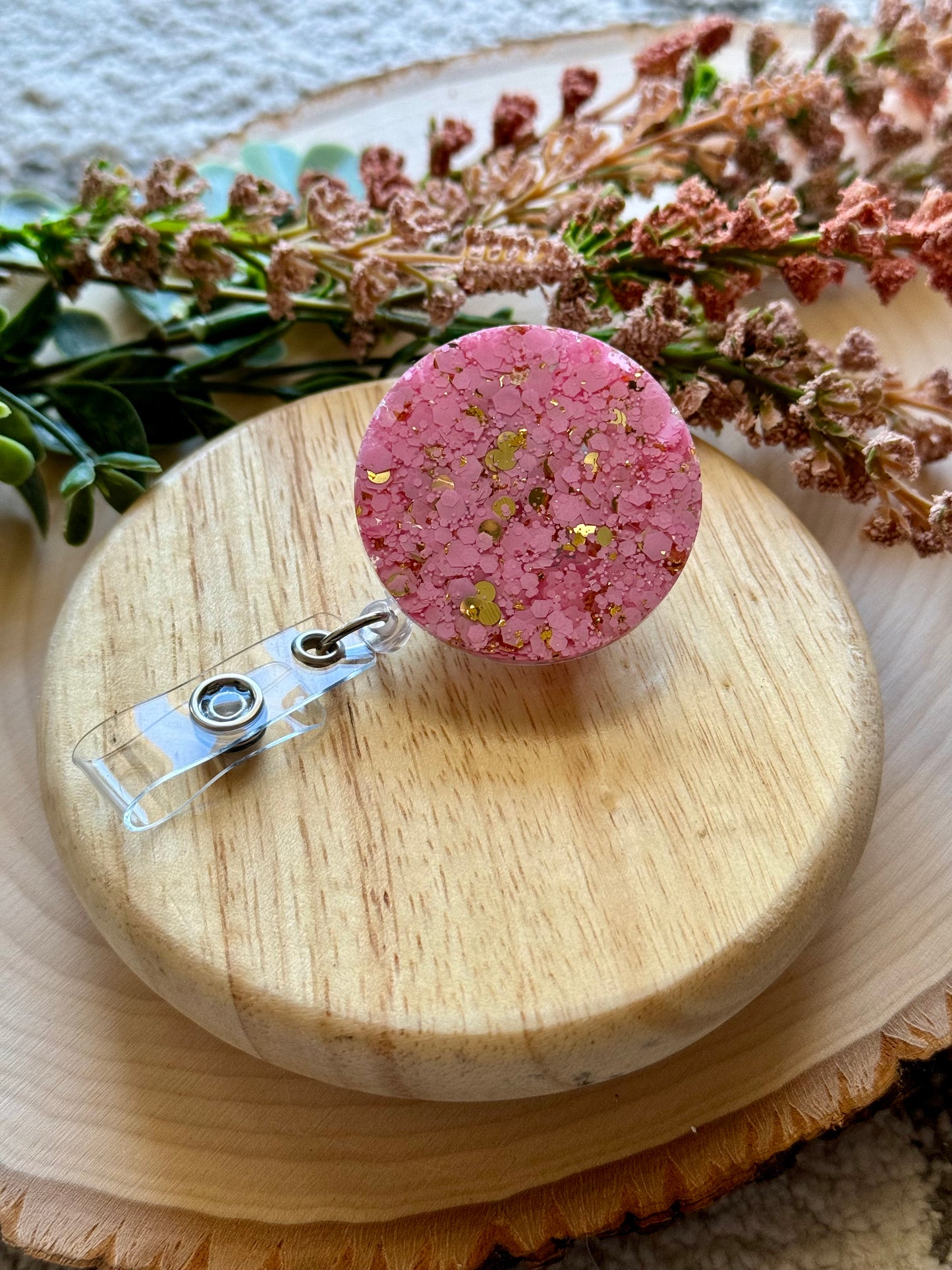 Pink and Gold Resin Badge Reel