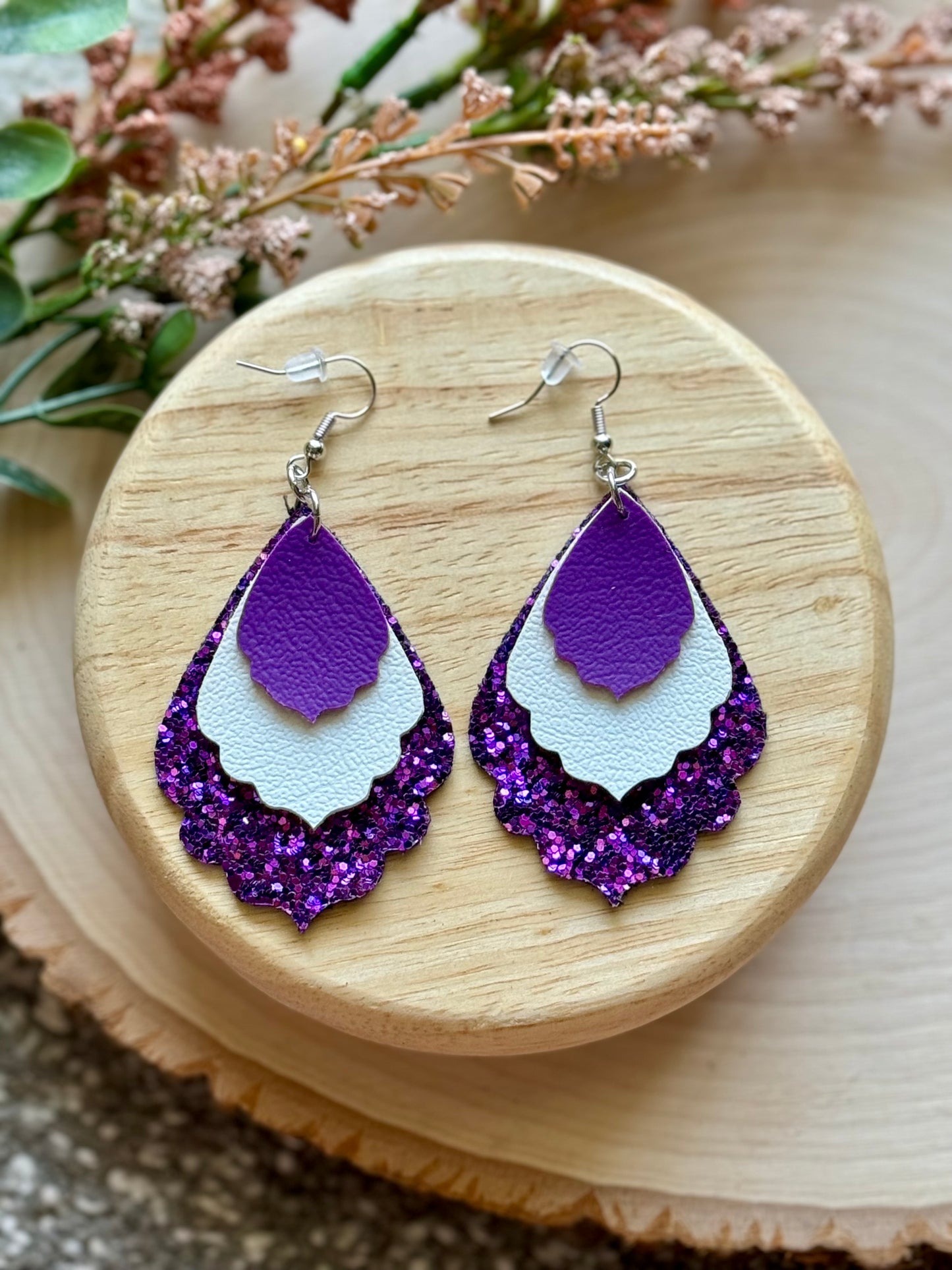 Purple and White Scallop Earrings