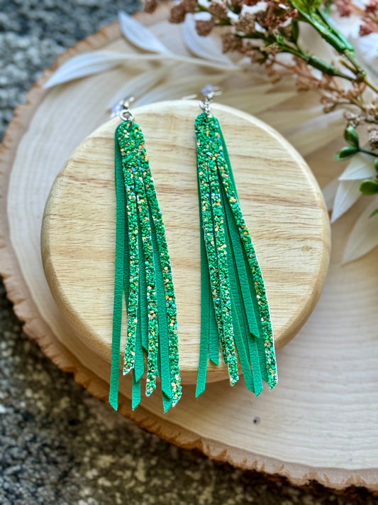 Green Long Fringe Earrings