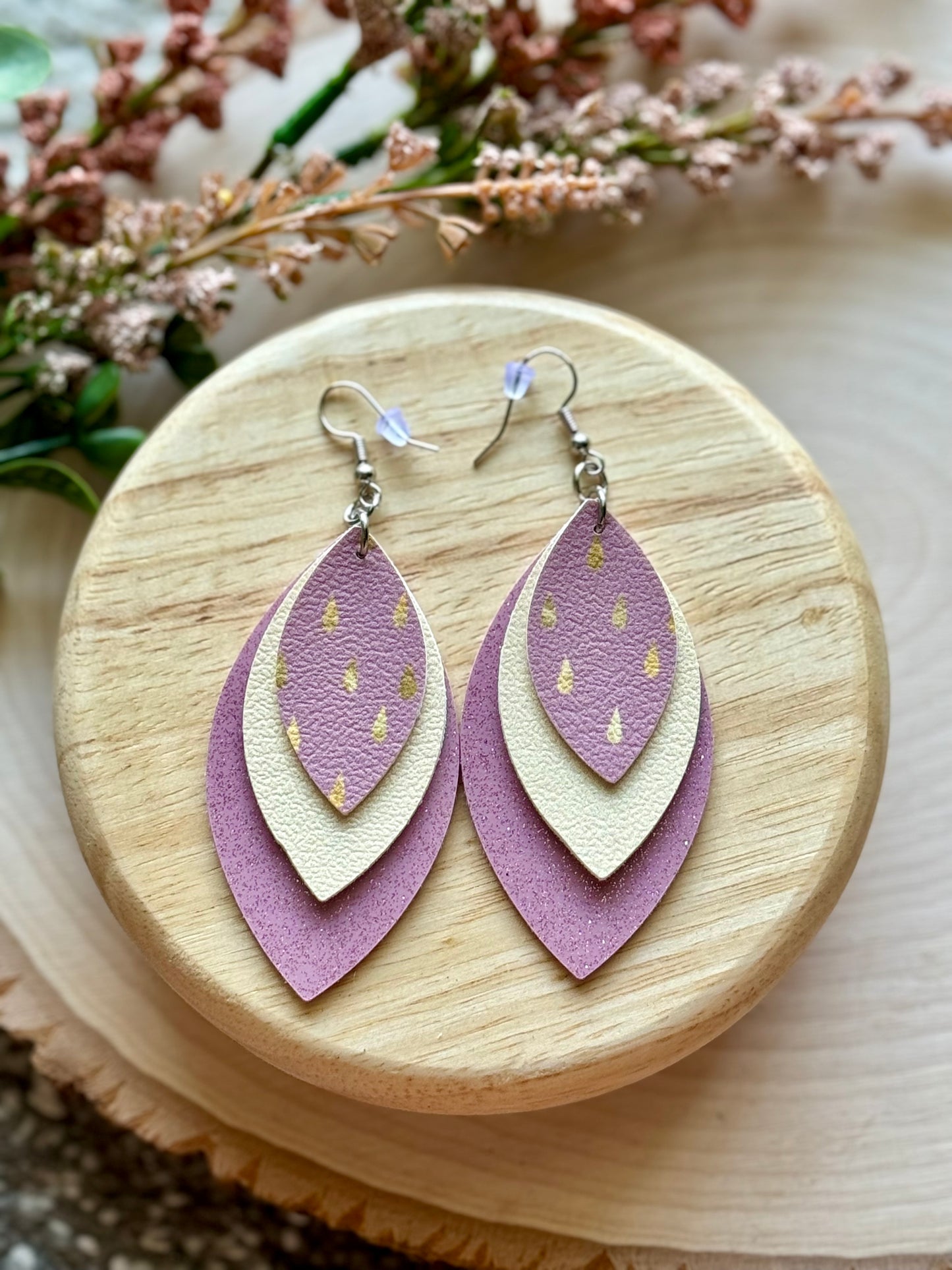 Mauve Gold Rain Leaf Earrings