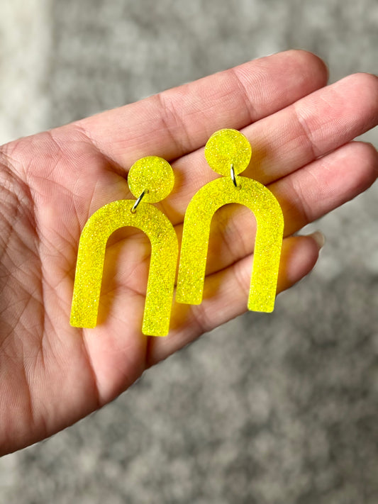 Yellow Glitter Resin Rainbow Earrings