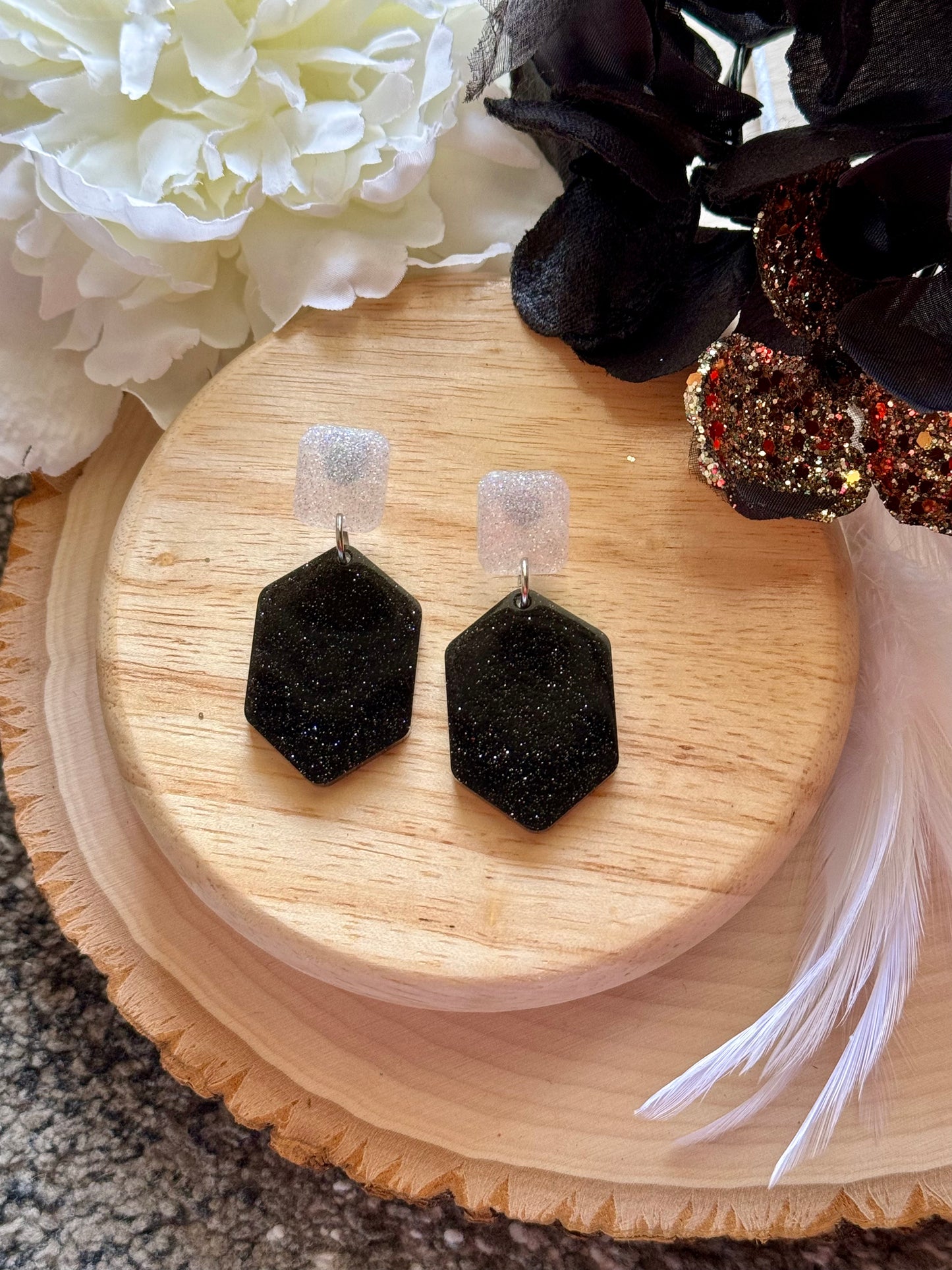 Black and White Hexagon Resin Earrings