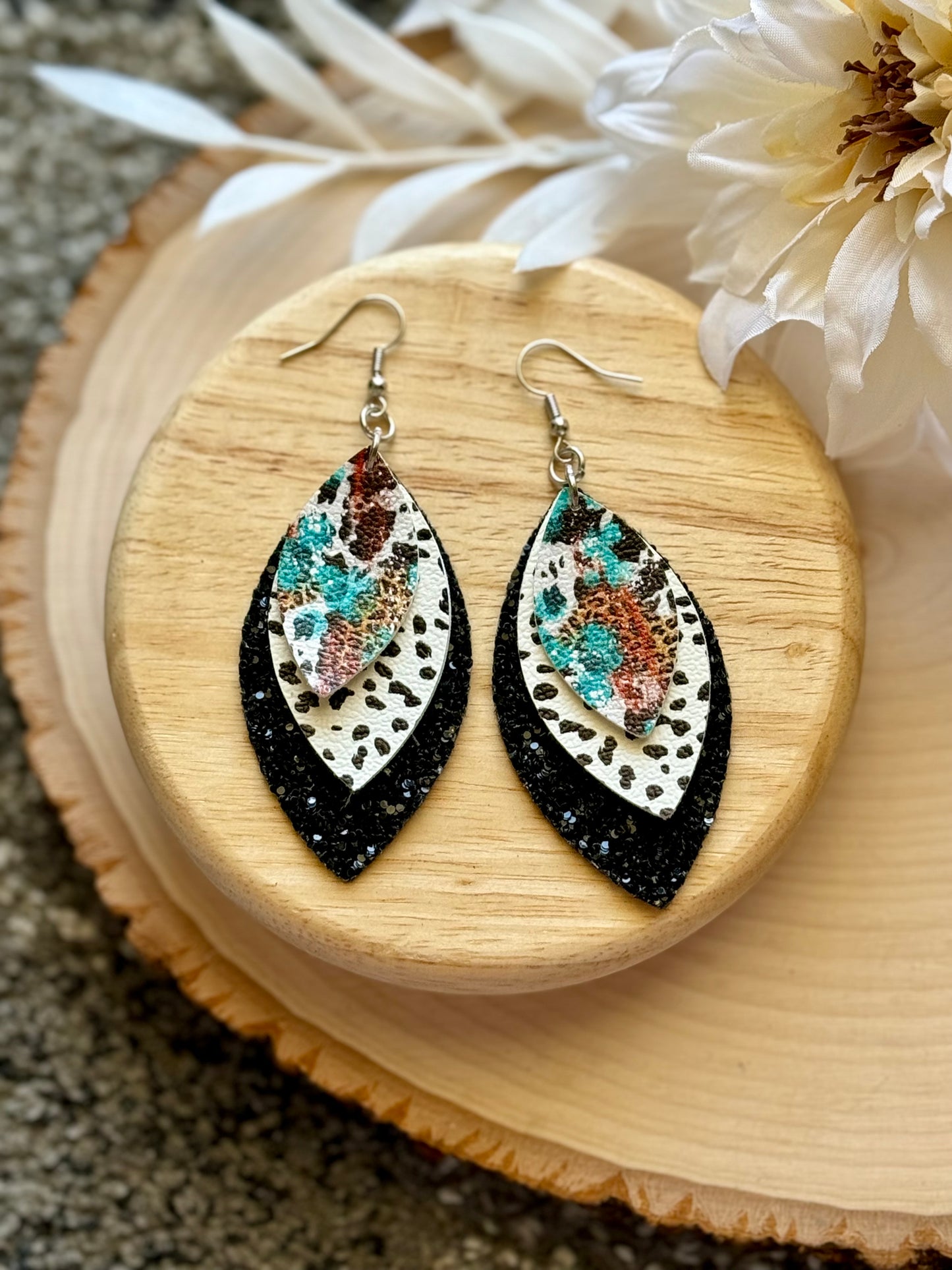 Cow Cheetah Leaf Earrings