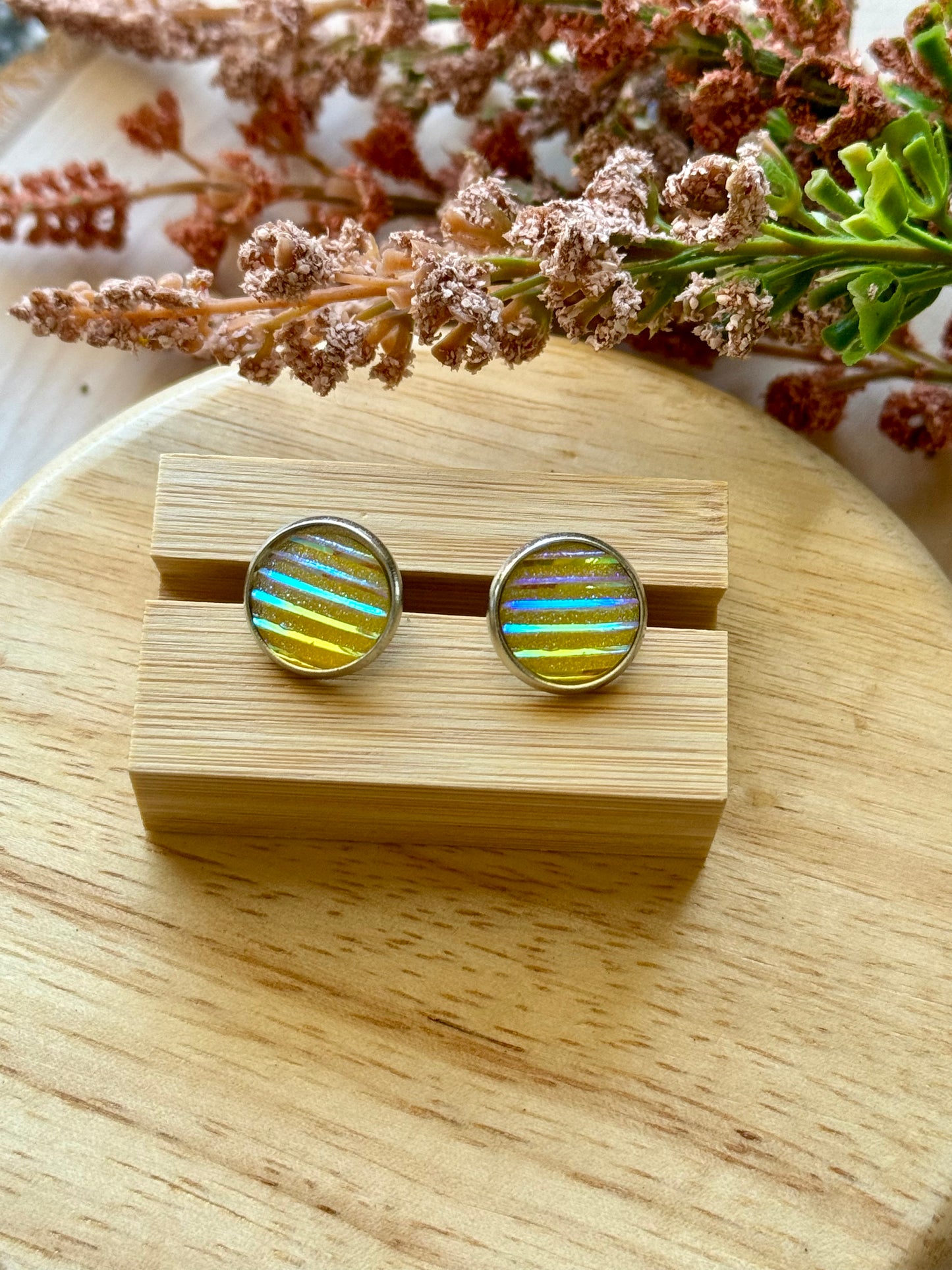 Yellow Iridescent Lined Stud Earrings