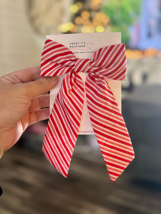 Candy Cane Long Tail Fabric Bow