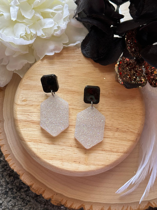 White Glitter Hexagon Resin Earrings