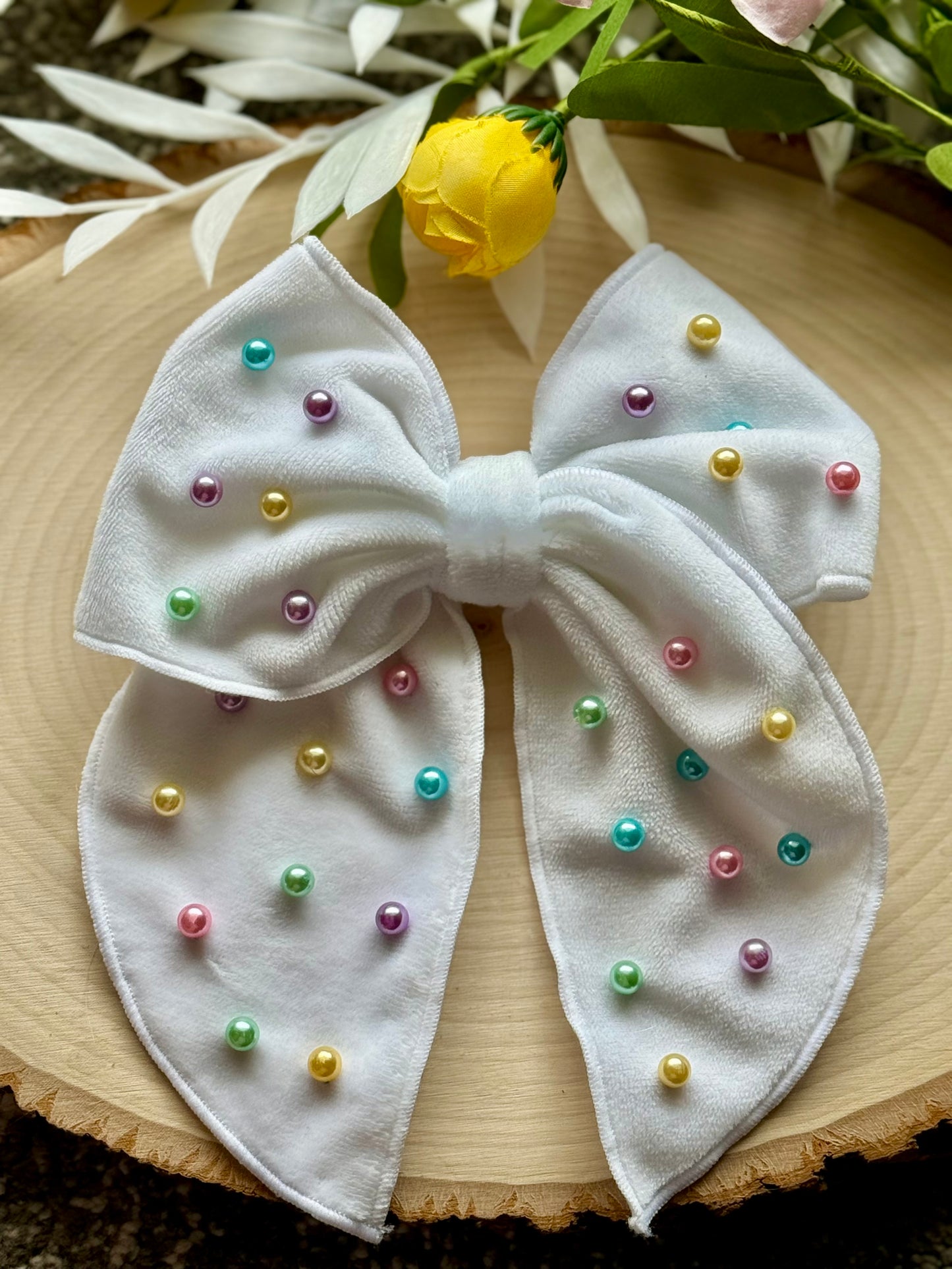 White Pearl Large Velvet Fabric Bow