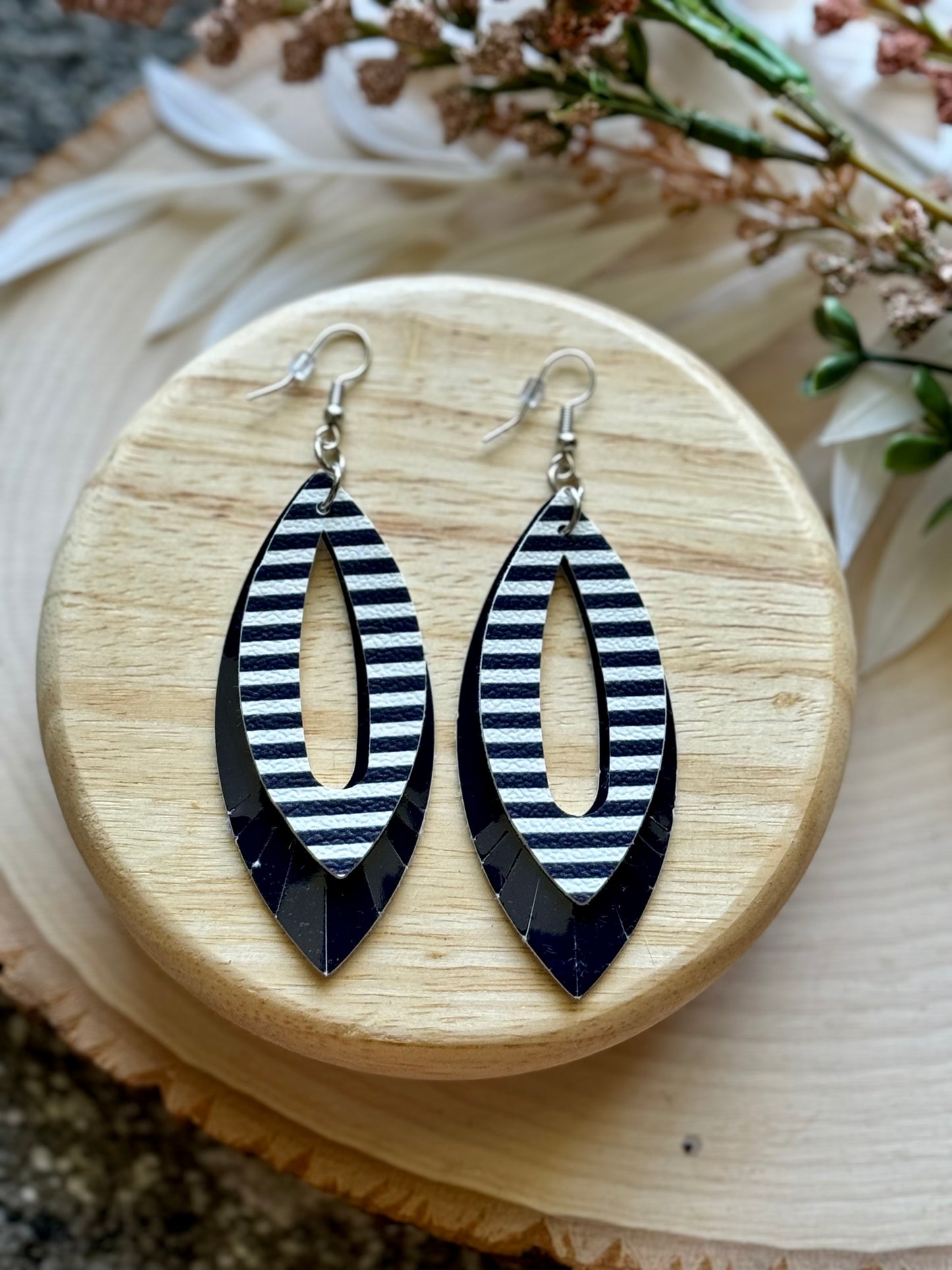 Navy Stripe Blue Leaf Fringe Earrings