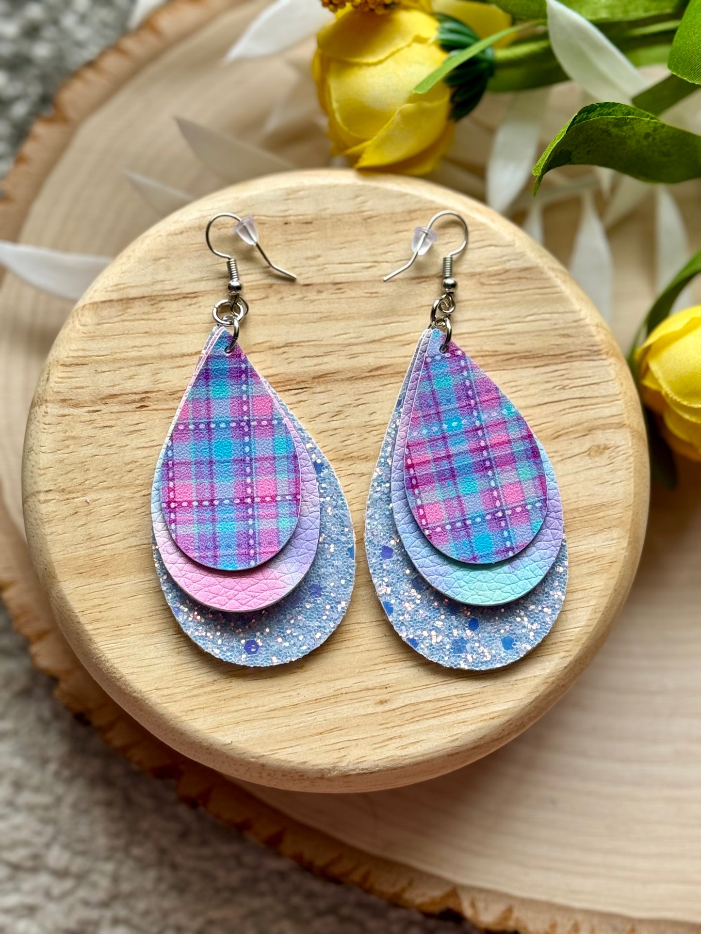 Purple Pink Plaid Teardrop Earrings