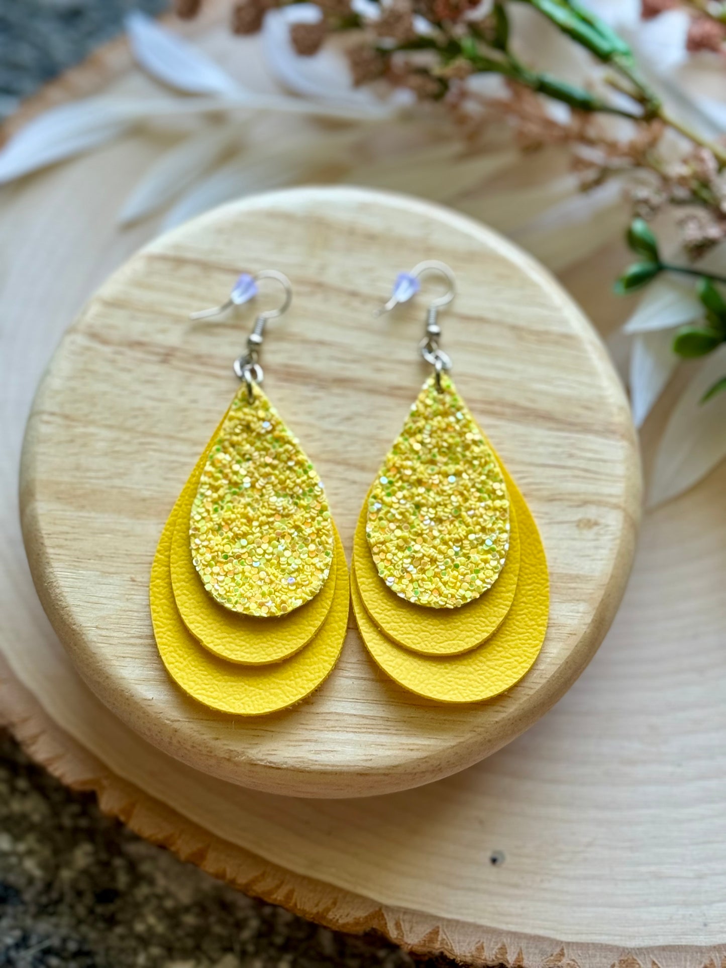 Yellow Glitter Teardrop Earrings