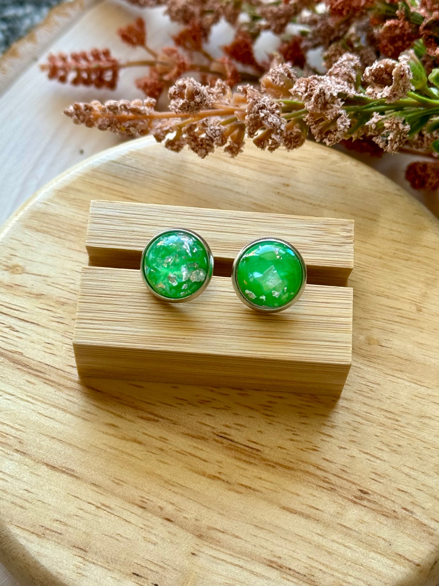 Green and Silver Stud Earrings