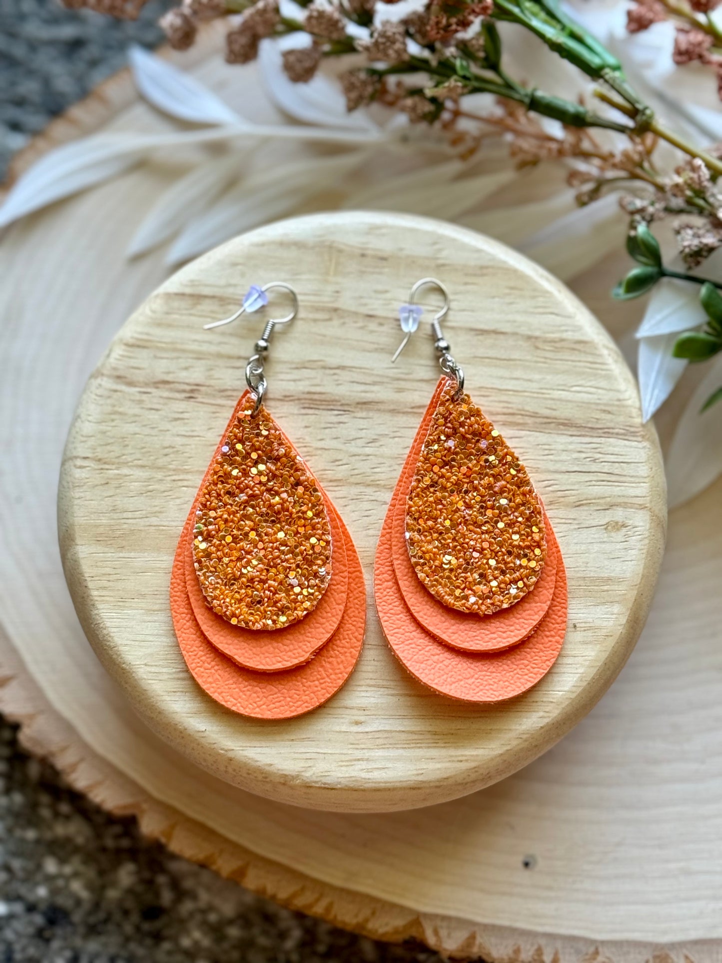 Orange Glitter Teardrop Earrings