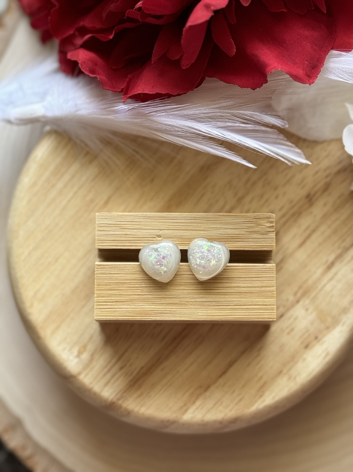 White Flake Heart Stud Earrings