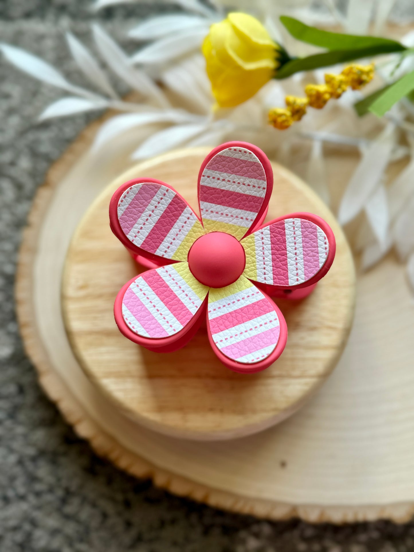 Pink and Yellow Stripe Flower Clip