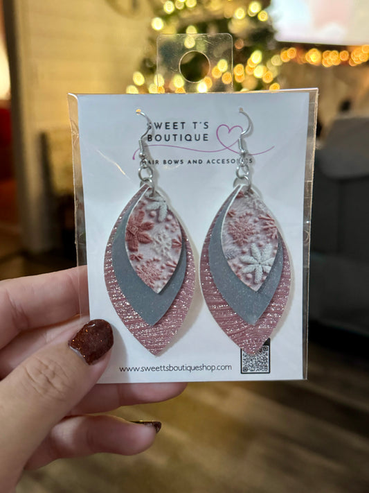 Pink Shimmer Christmas Leaf Earrings