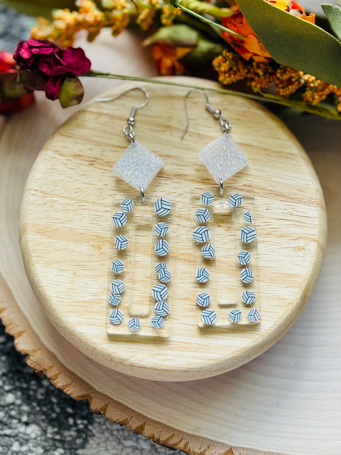 White Glitter Volleyball Resin Earrings