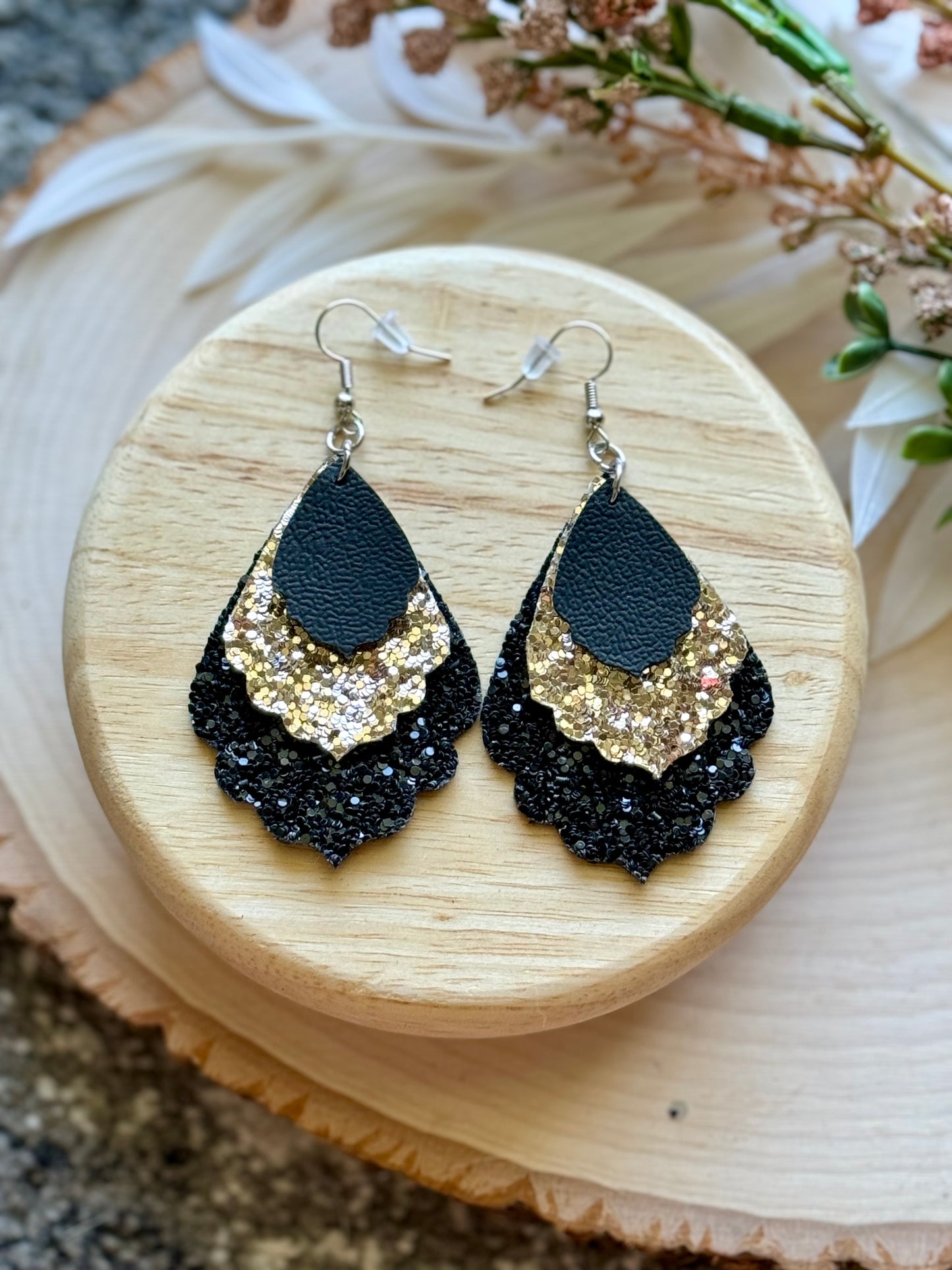 Black and Gold Scalloped Earrings