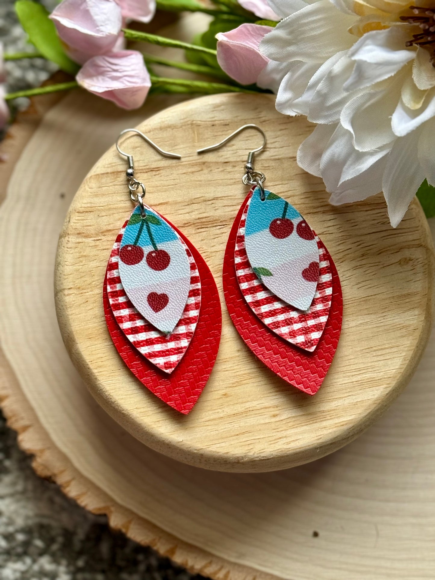 Cherry Plaid Leaf Earrings