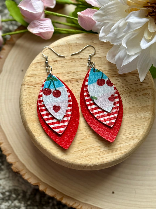 Cherry Plaid Leaf Earrings