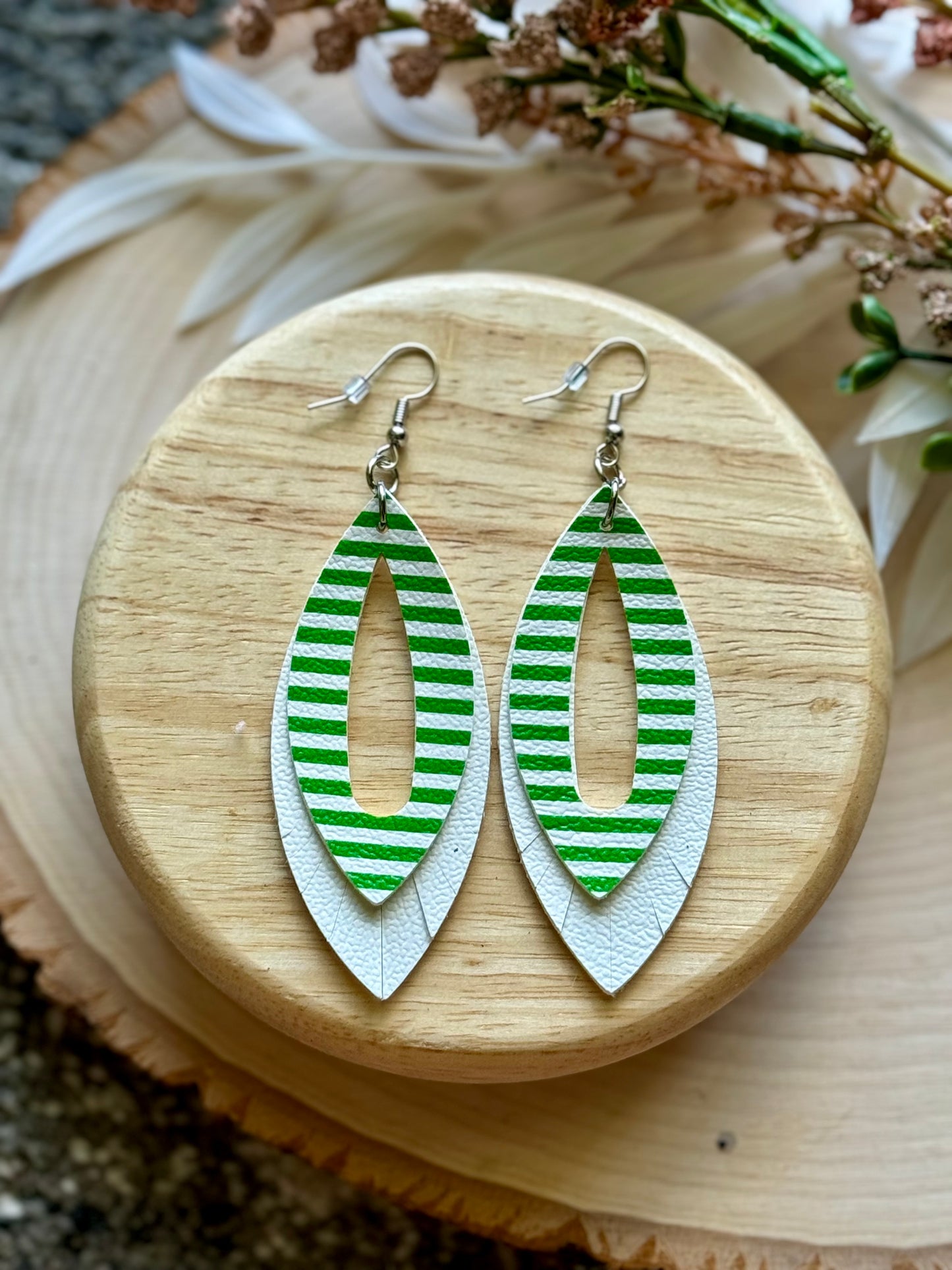 Green Stripe Fringe Leaf Earrings